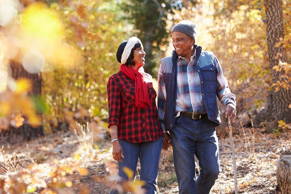 Senior,African,American,Couple,Walking,Through,Fall,Woodland