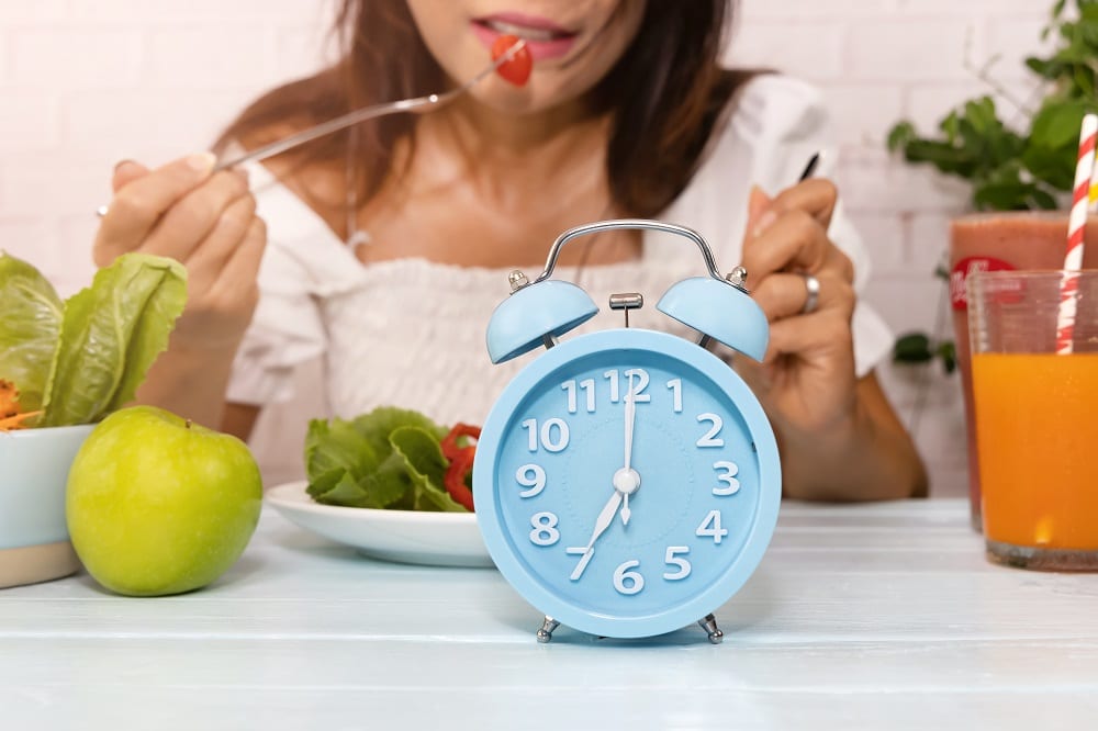 Close,Up,Of,Blue,Clock,Which,Young,Woman,Hands,Eating