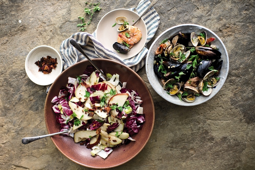 Herbed Seafood Bake with Bacon-Radicchio Salad