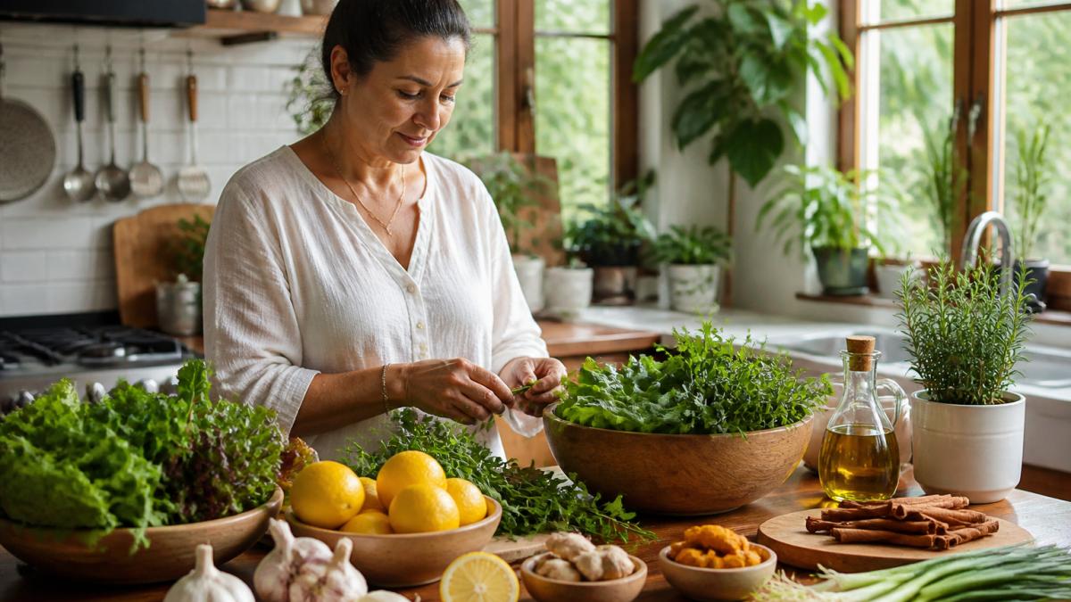 Adult preparing fresh vegetables and herbs in a bright kitchen, with whole foods like garlic, lemon, and cinnamon visible on the counter, natural sunlight streaming through windows